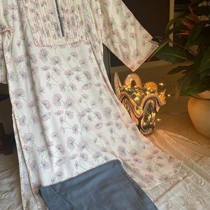 Indian Pakistani Salwar Kameez white + grey color with pant in grey color